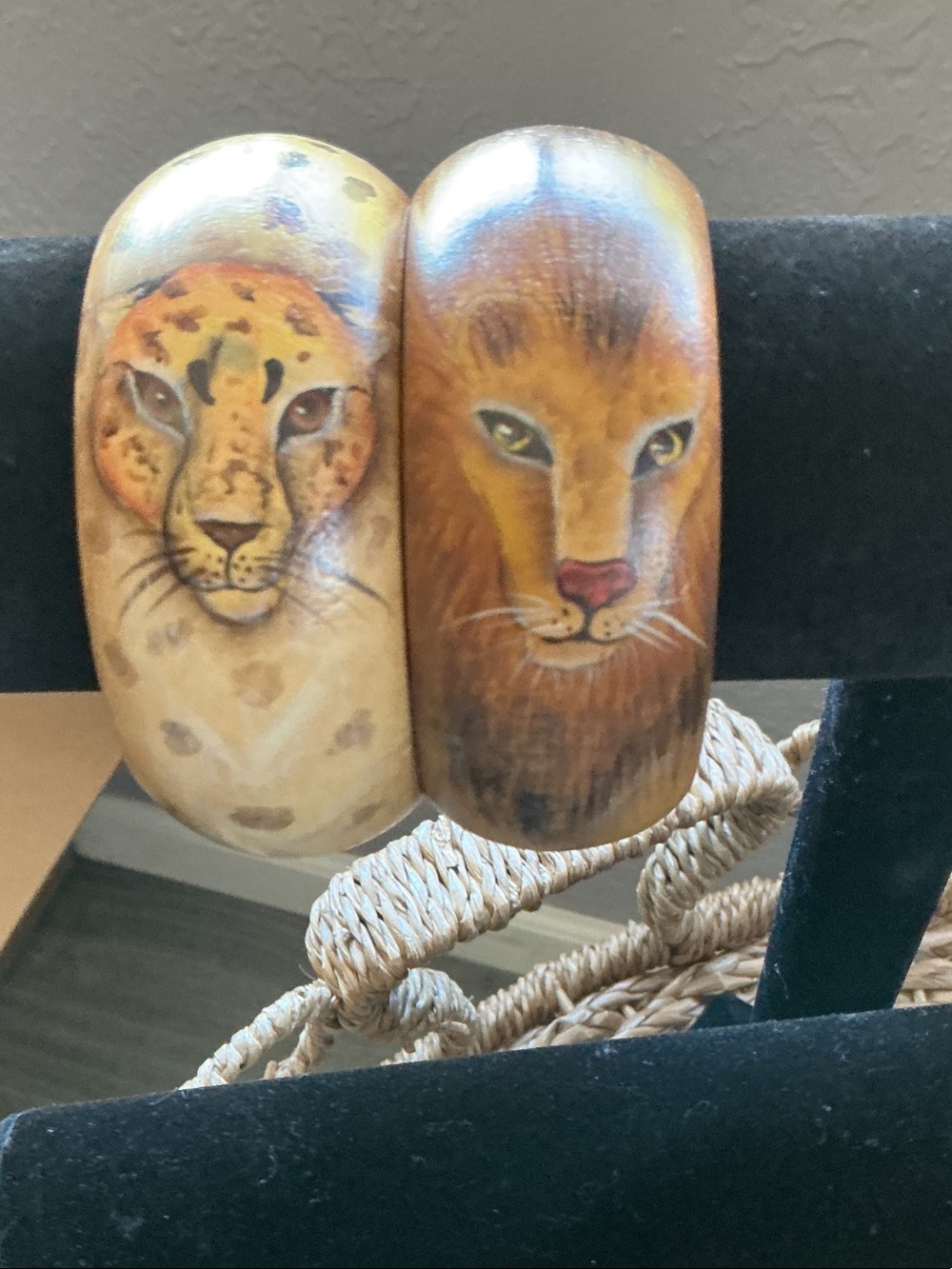 Hand-Painted Leopard & Lion Wooden Bangles in Warm Tan and Brown